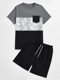 Men’s plant print color block tee with lounge shorts - Christina’s unique boutique LLC