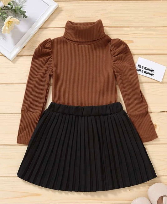 Toddler girls turtleneck ribbed knit gigot sleeve top & pleated skirt