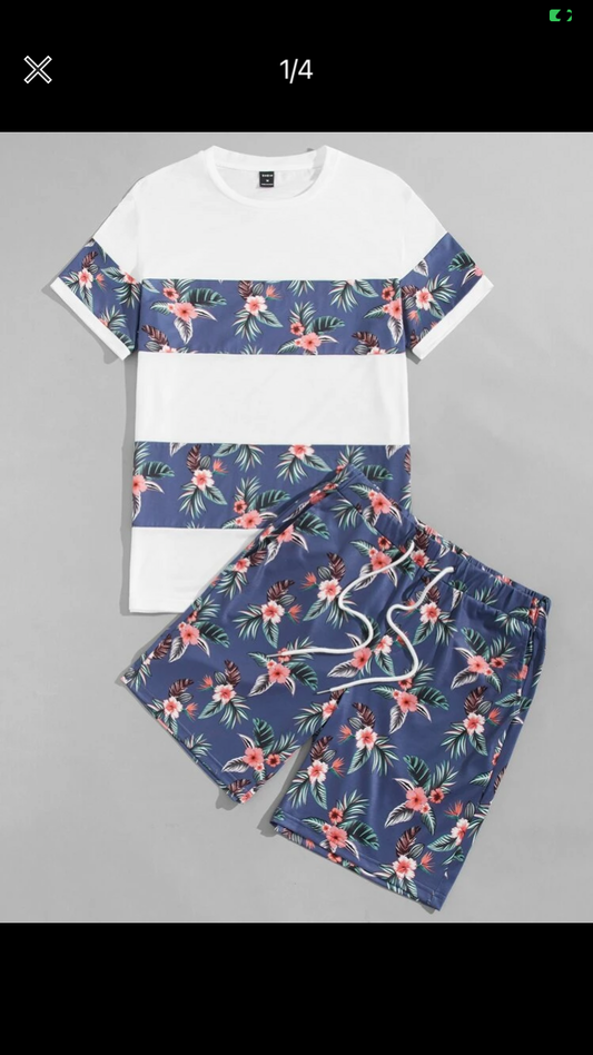 Men Tropical Print Tee & Drawstring Waist Shorts