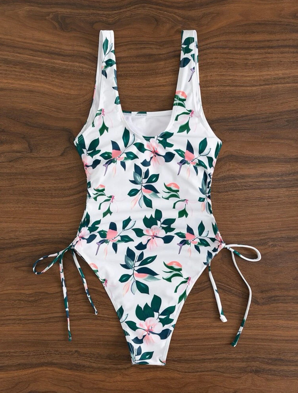 Random floral print tie side one piece swimsuit