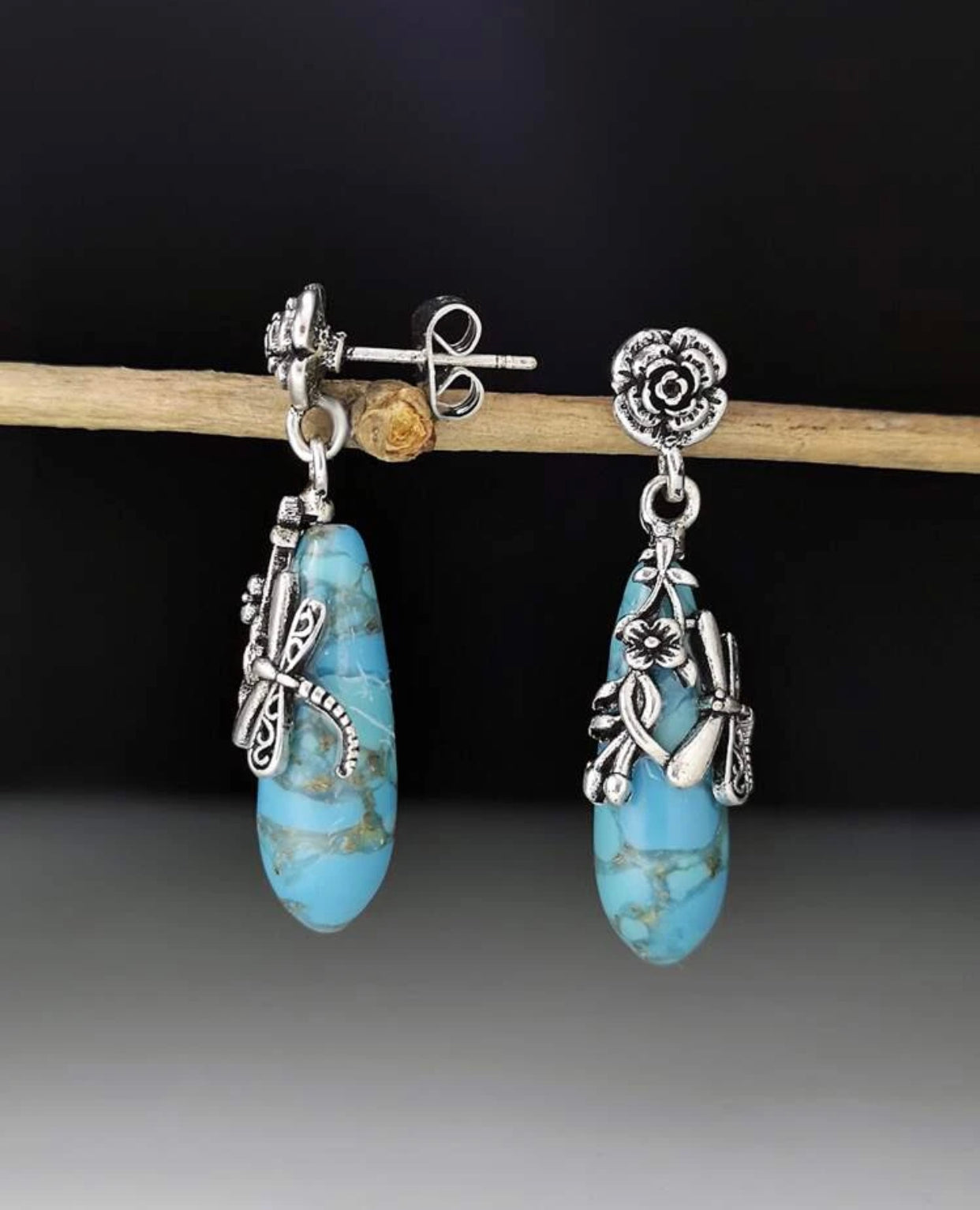 Stunning flower and dragonfly decor drop earrings