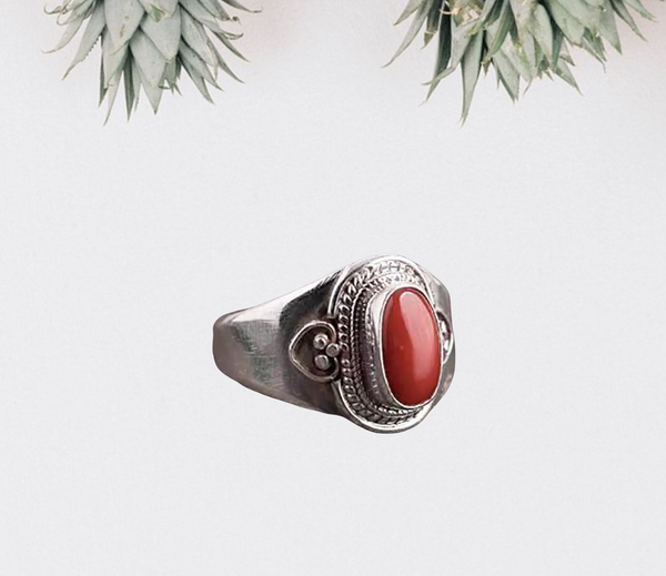 Nepal handmade silver inlaid southern red tourmaline opening adjustable ring