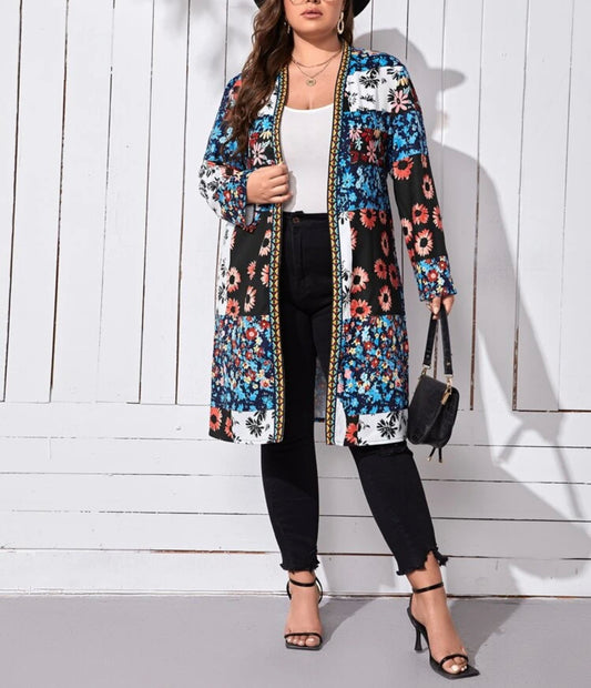 Curve & plus floral print geo tape trim open front coat