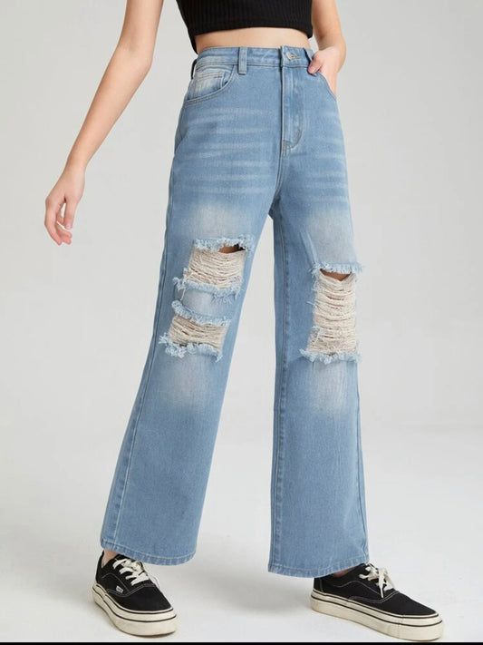 Teen Girls Ripped Straight Leg Jeans