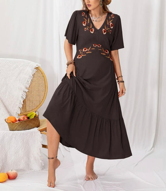Curve & plus embroidered butterfly sleeve ruffle hem dress