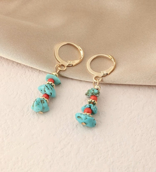 Gold coated 925 sterling silver Stone & bead decor dangle earrings