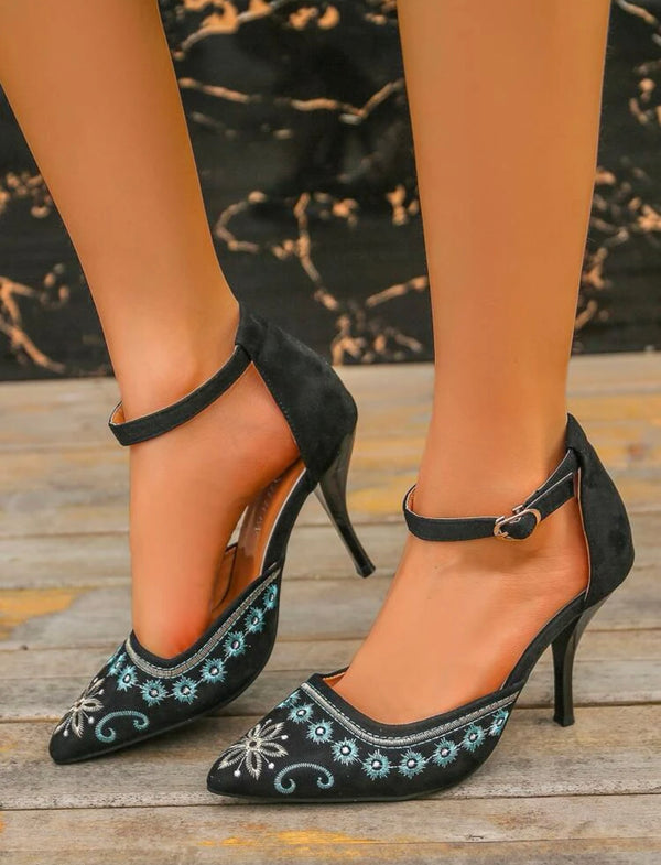 Suede floral embroidered point toe stiletto heeled ankle strap pumps