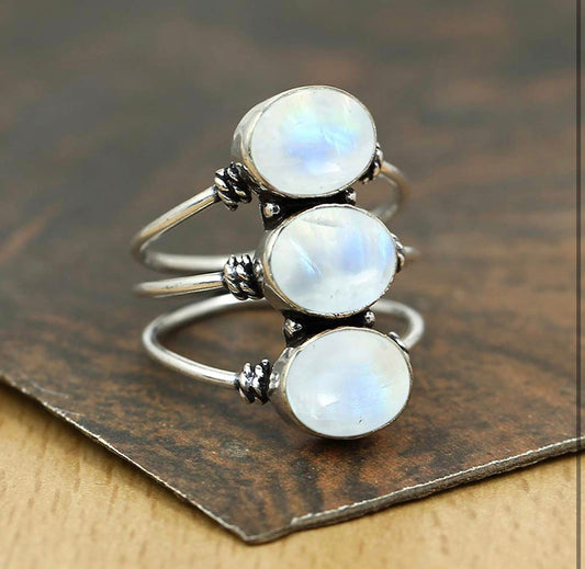 Gorgeous three stone 925 silver moonstone ring. - Christina’s unique boutique LLC