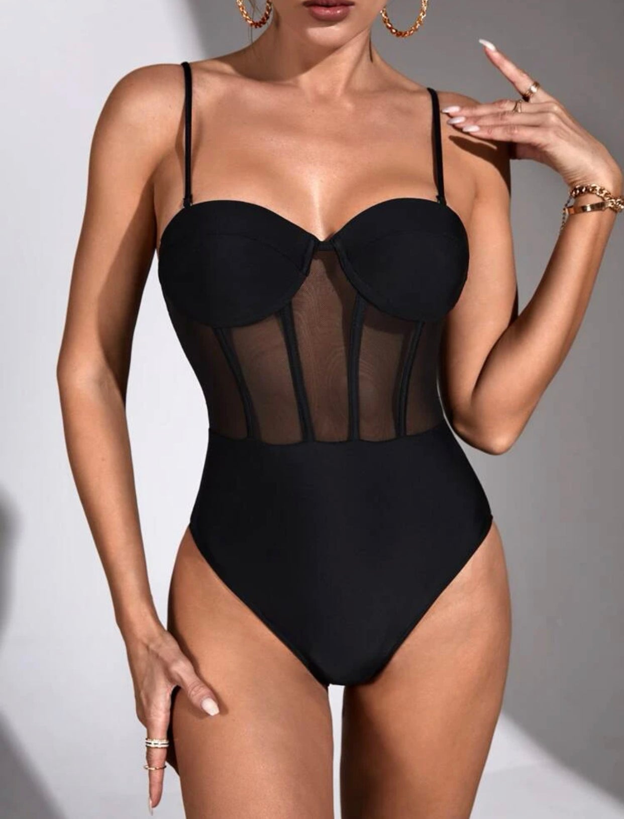 Mesh insert push up high cut one piece swimsuit