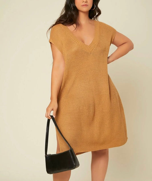 Curve and plus basics deep V neck split hem longline knit dress