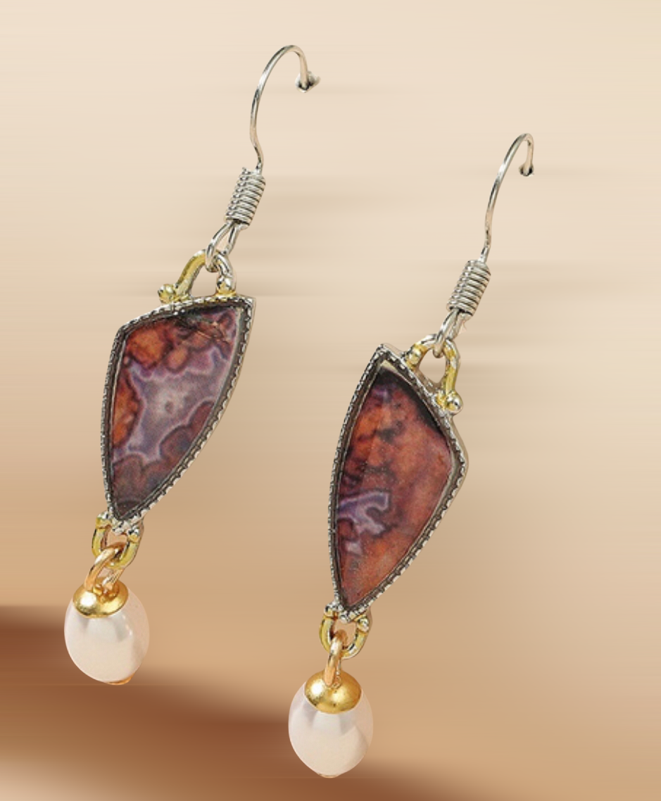 Retro agate inspired geometric Pearl dangle earrings