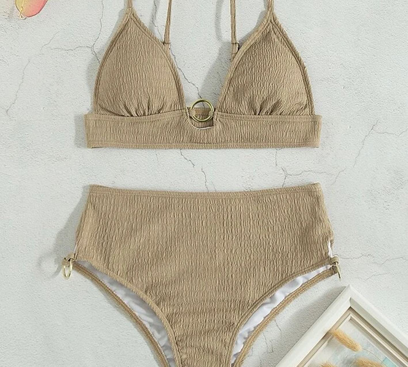 Ring linked triangle high waisted bikini swimsuit