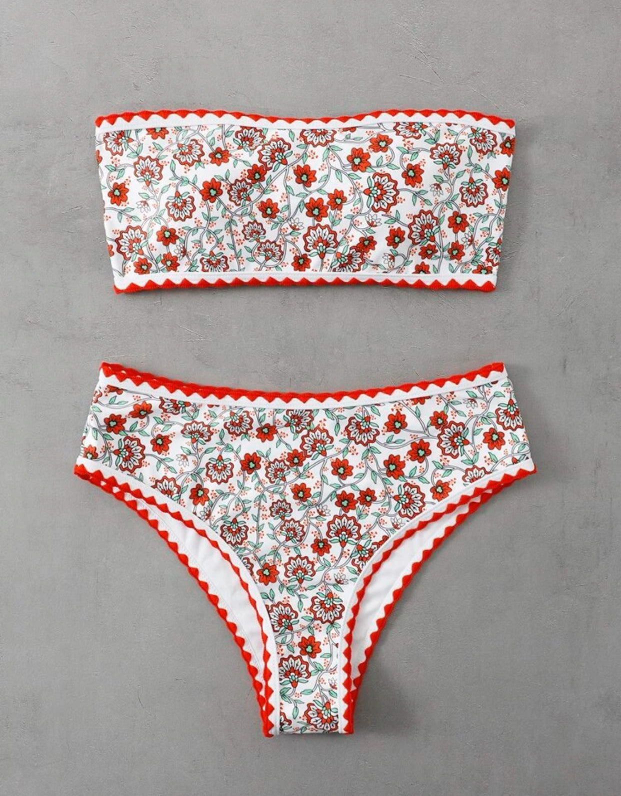 Floral print contrast binding bandeau bikini swimsuit