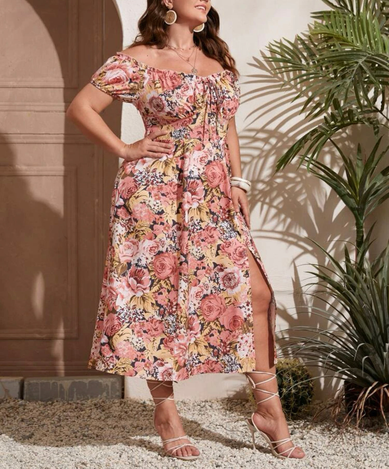 Curve and plus floral print off shoulder tie front split thigh dress