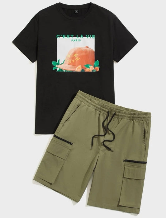 Men Slogan & Cap Print Tee & Drawstring Waist Shorts Set