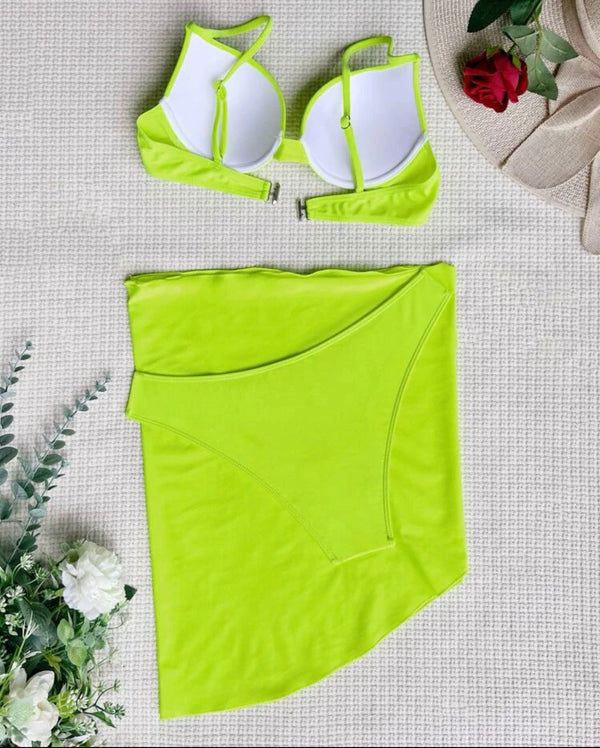 Lime green 3 pack neon green push up bikini swimsuit & beach skirt