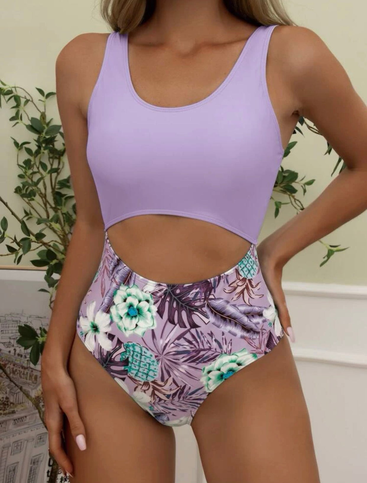 Random tropical print cut out one piece swimsuit