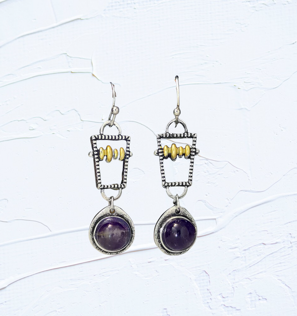 Vintage Round Beads Purple Stone Earrings Two Tone Metal earrings
