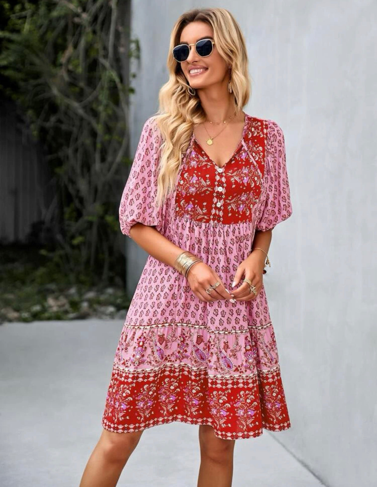 Paisley & floral print tie neck ruffle hem dress