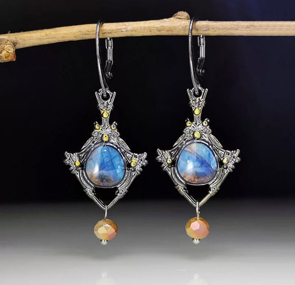 Creative Blue Resin Stone Earrings Vintage Jewelry Champagne Crystal Beads Statement Dangle Earrings for Women