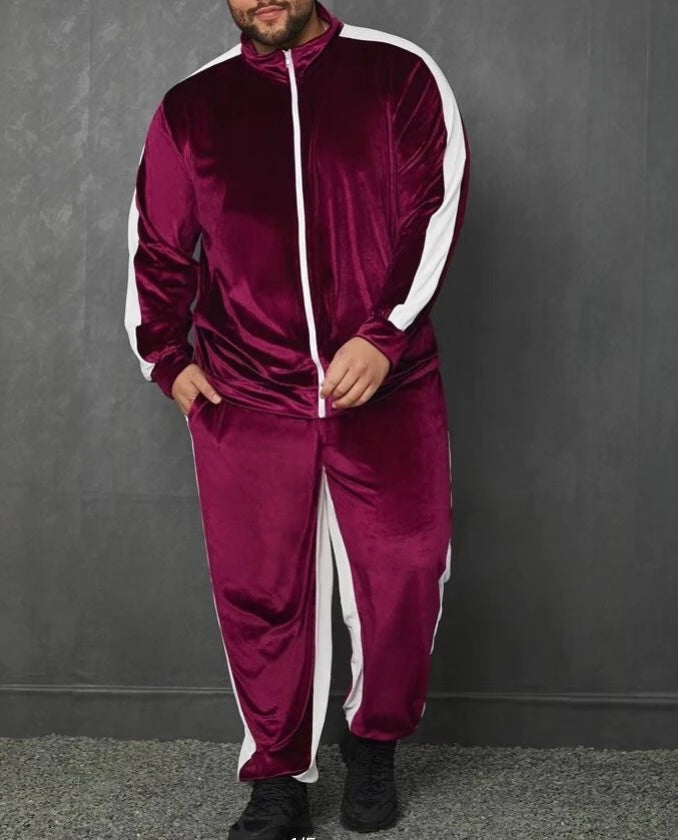 Extended Sizes Men Side Striped Zip Up Velvet Sweatshirt $ Pants