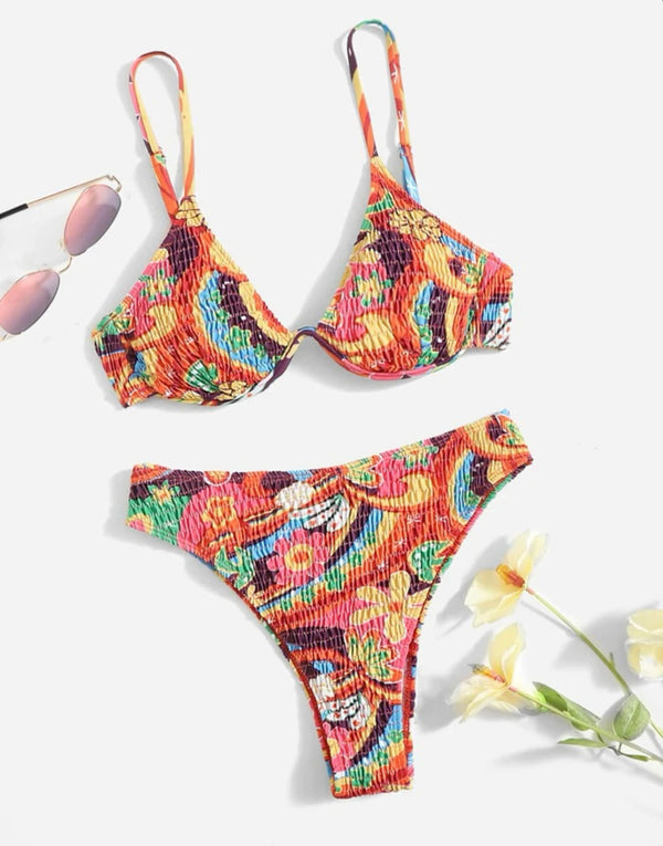 Floral print smock underwire high waisted bikini swimsuit