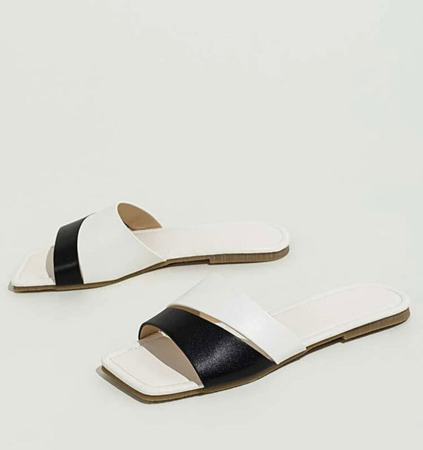 Two tone double strap slide sandals