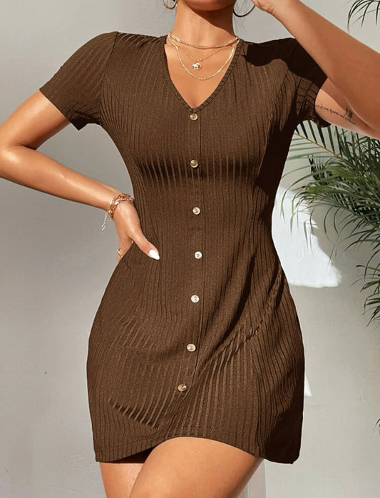 Rib-knit Fake Buttons Dress