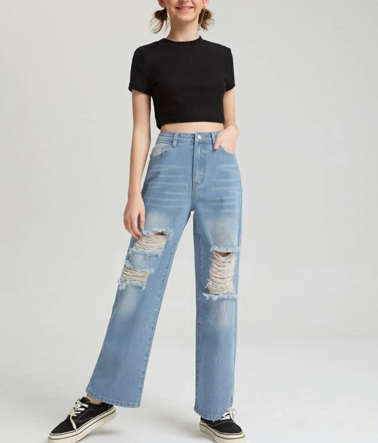 Teen Girls Ripped Straight Leg Jeans