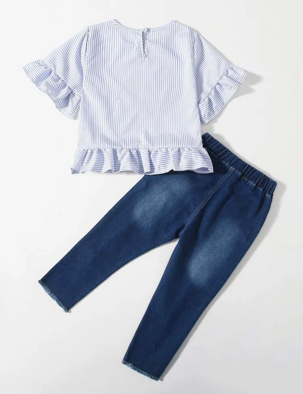 Toddler girls striped blouse with ripped jeans