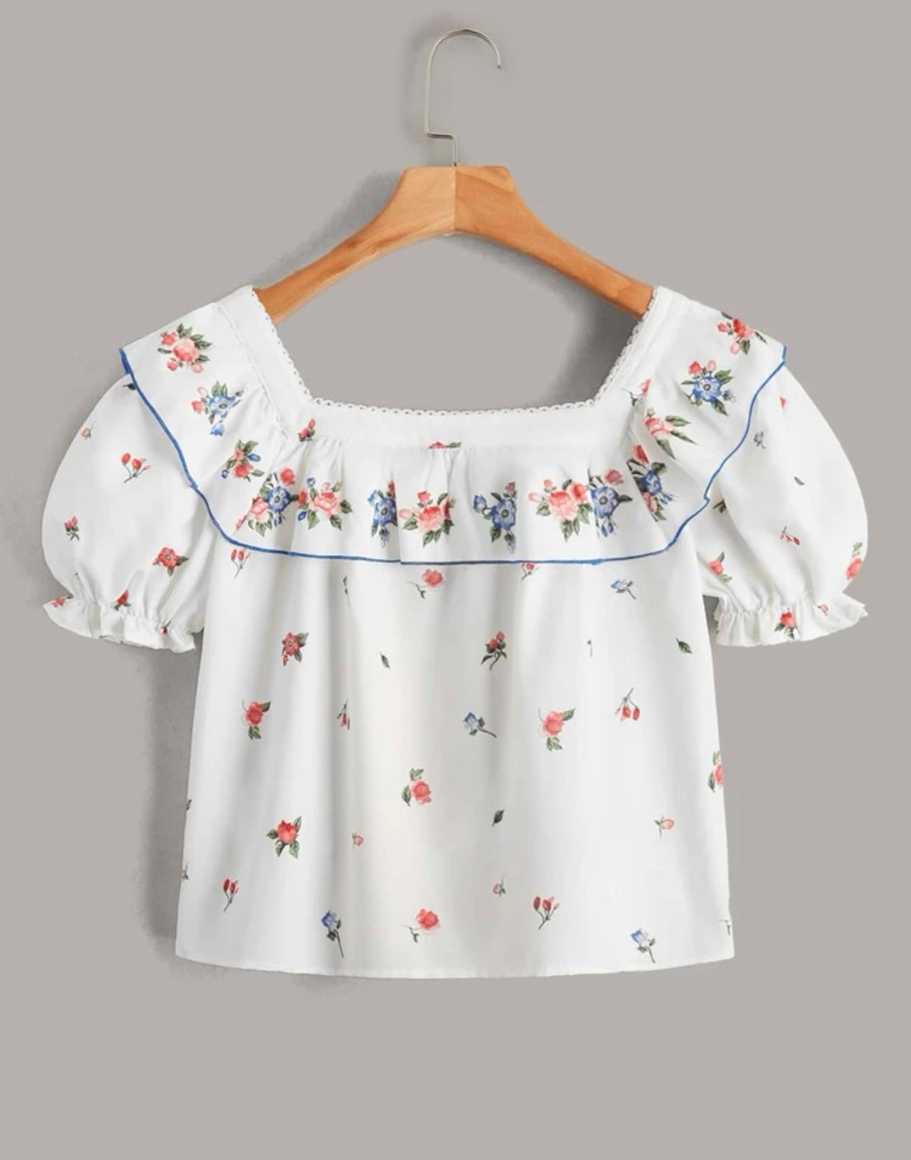Teen Girls Floral Print Ruffle Trim Puff Sleeve Blouse