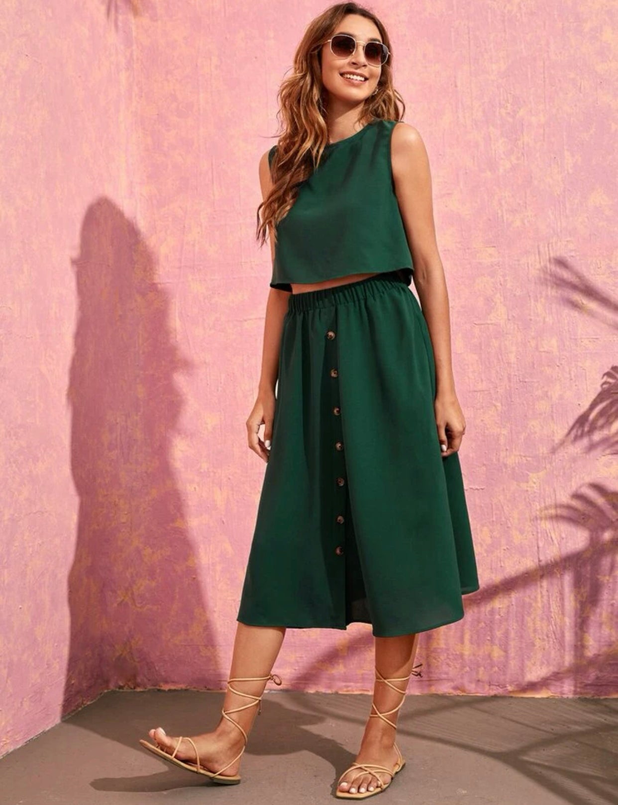 Dark green solid top & button front flared skirt