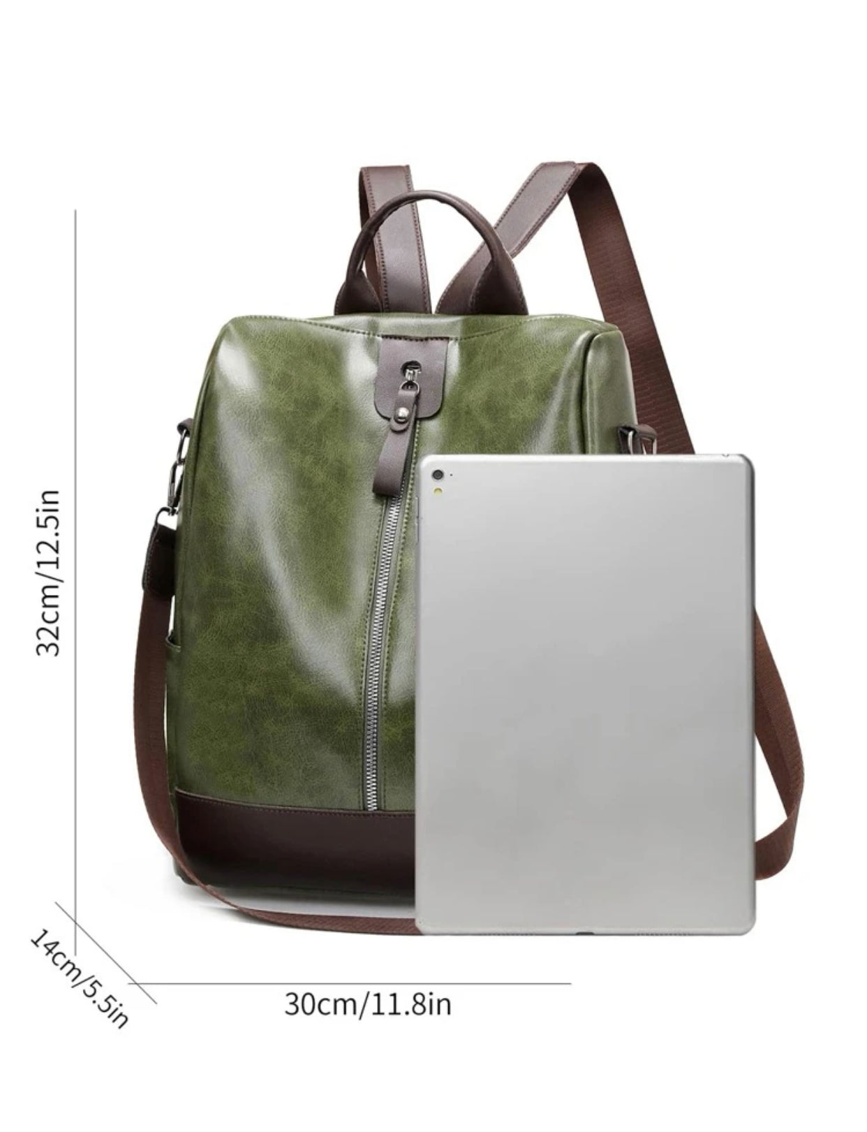 Green color block zipper front functional backpack