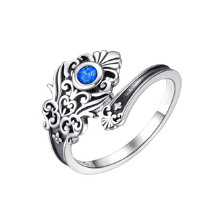 Blue Opal Sterling Silver Opal Spoon Ring - S925 Victorian Vintage Flower spoon ring.