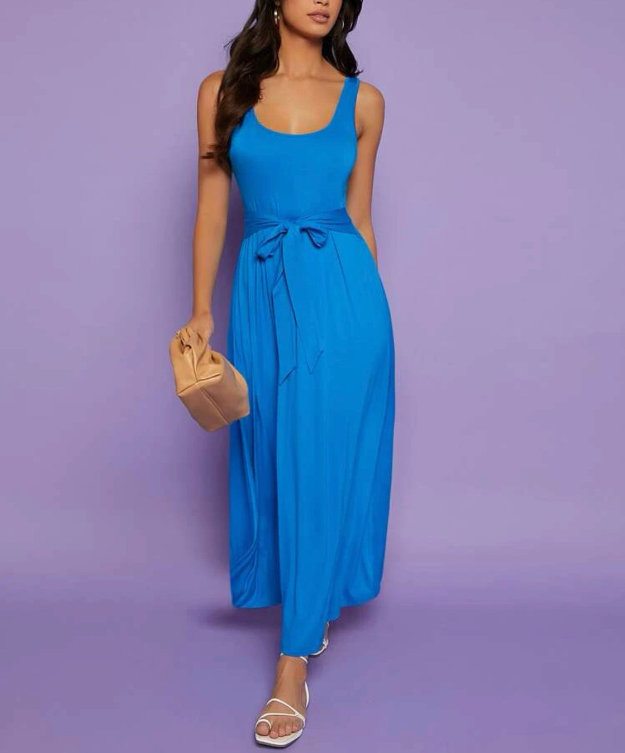Blue solid belted flowy dress