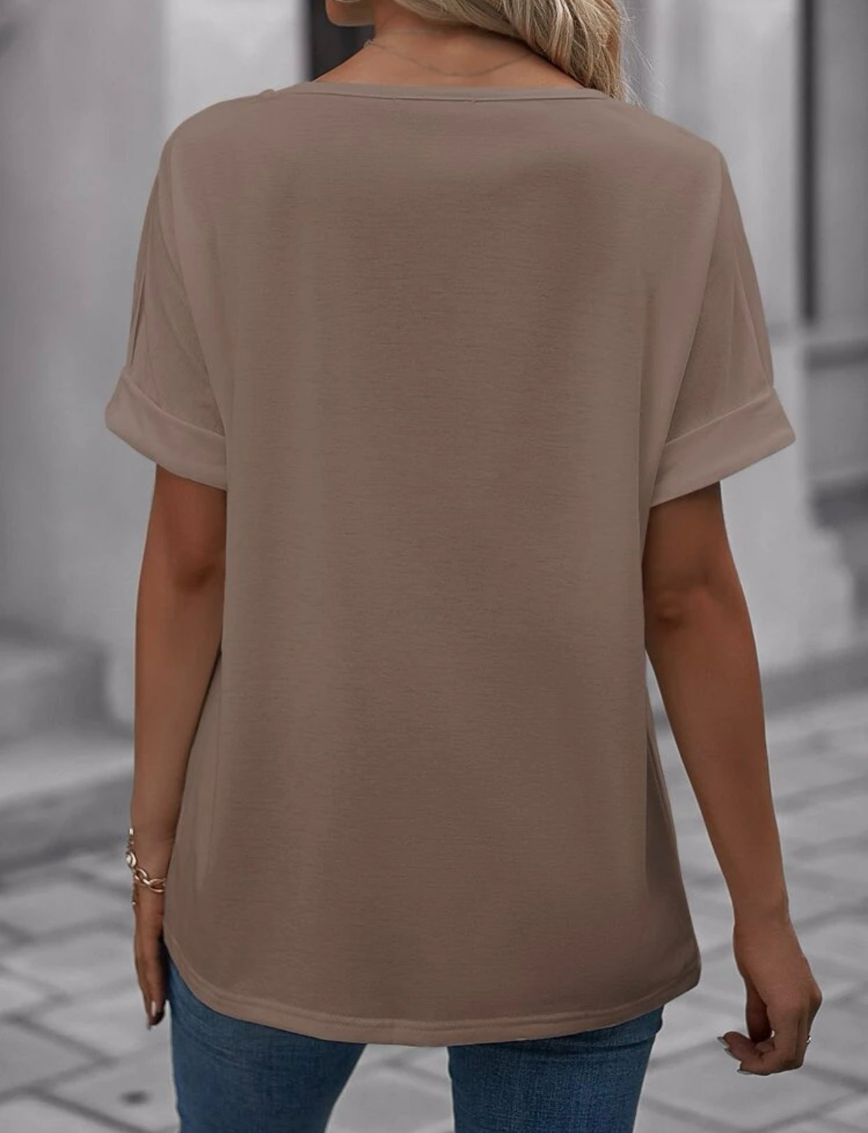 Mocha brown roll cuff batwing sleeve tee