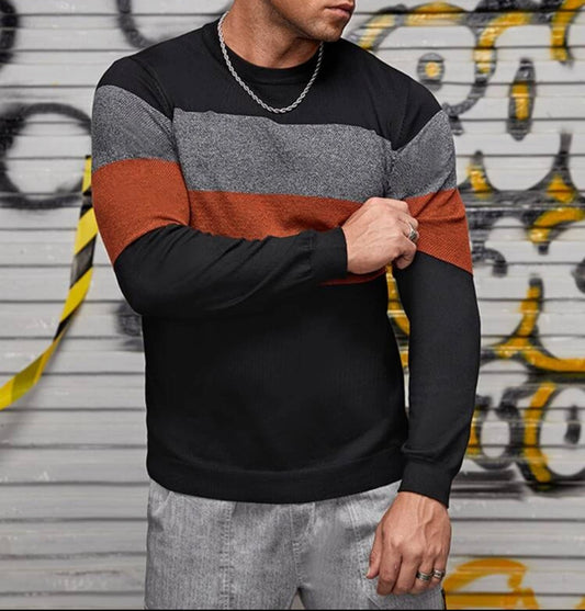 Men’s extended size round neck color block sweater