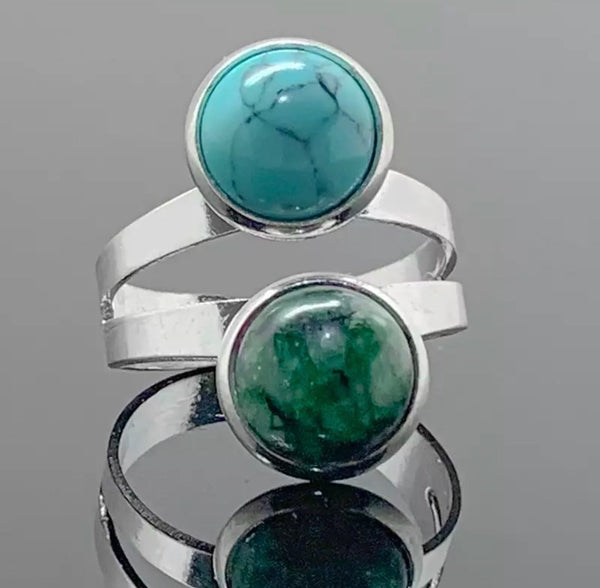 Turquoise and green natural stone stainless steel ring.