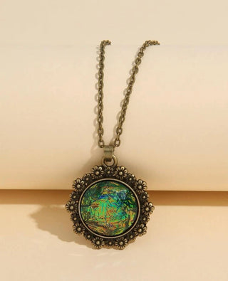 Rainbow Opal inspired flower detail round charm necklace