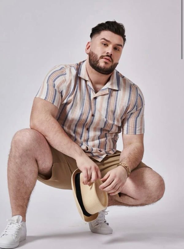 Extended sizes men striped print shirt & shorts set