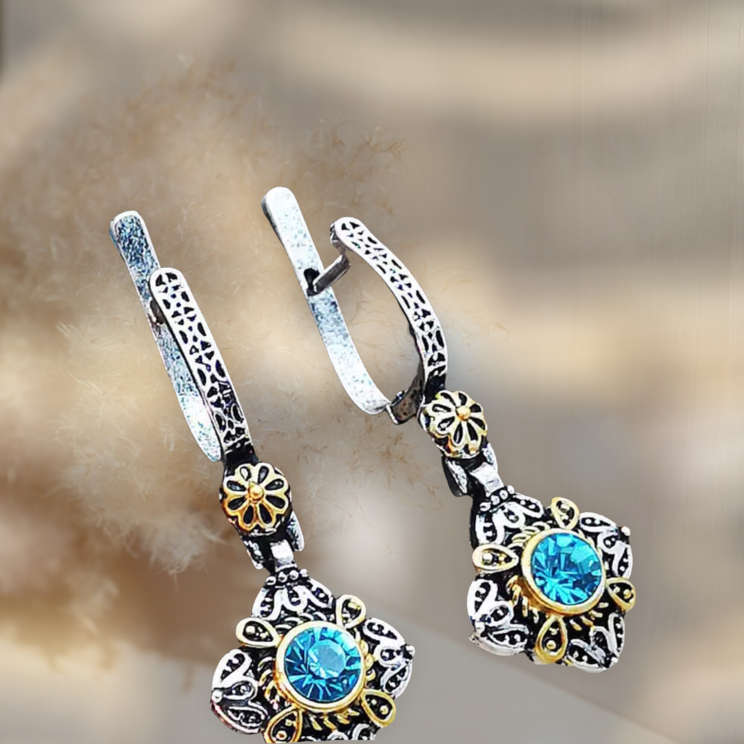 Stunning two tone floral blue zircon drop earrings