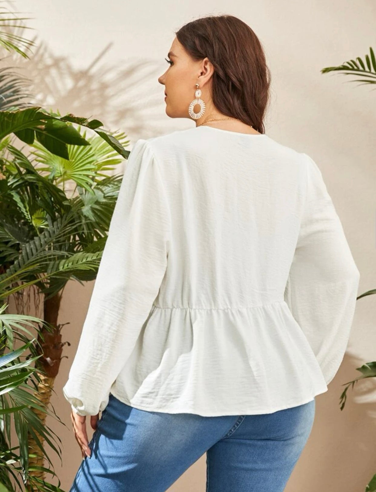 Curve and plus tassel tie neck geo embroidered yoke top
