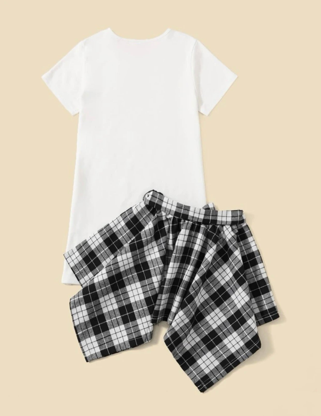 Girls black & white solid tee & plaid belted asymmetric skirt