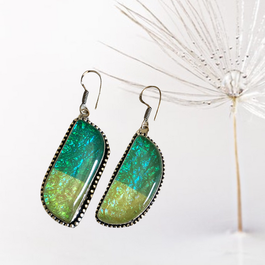 Dichroic glass, genuine 925 sterling silver earrings. 60mm.