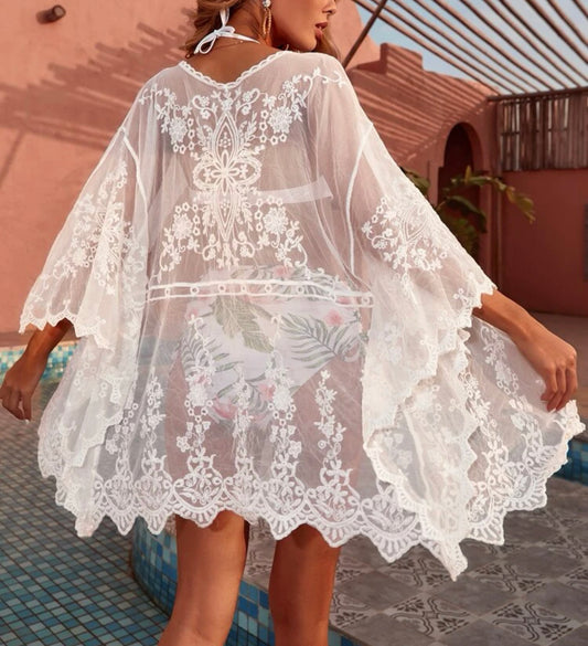 Scallop hem embroidery mesh kimono