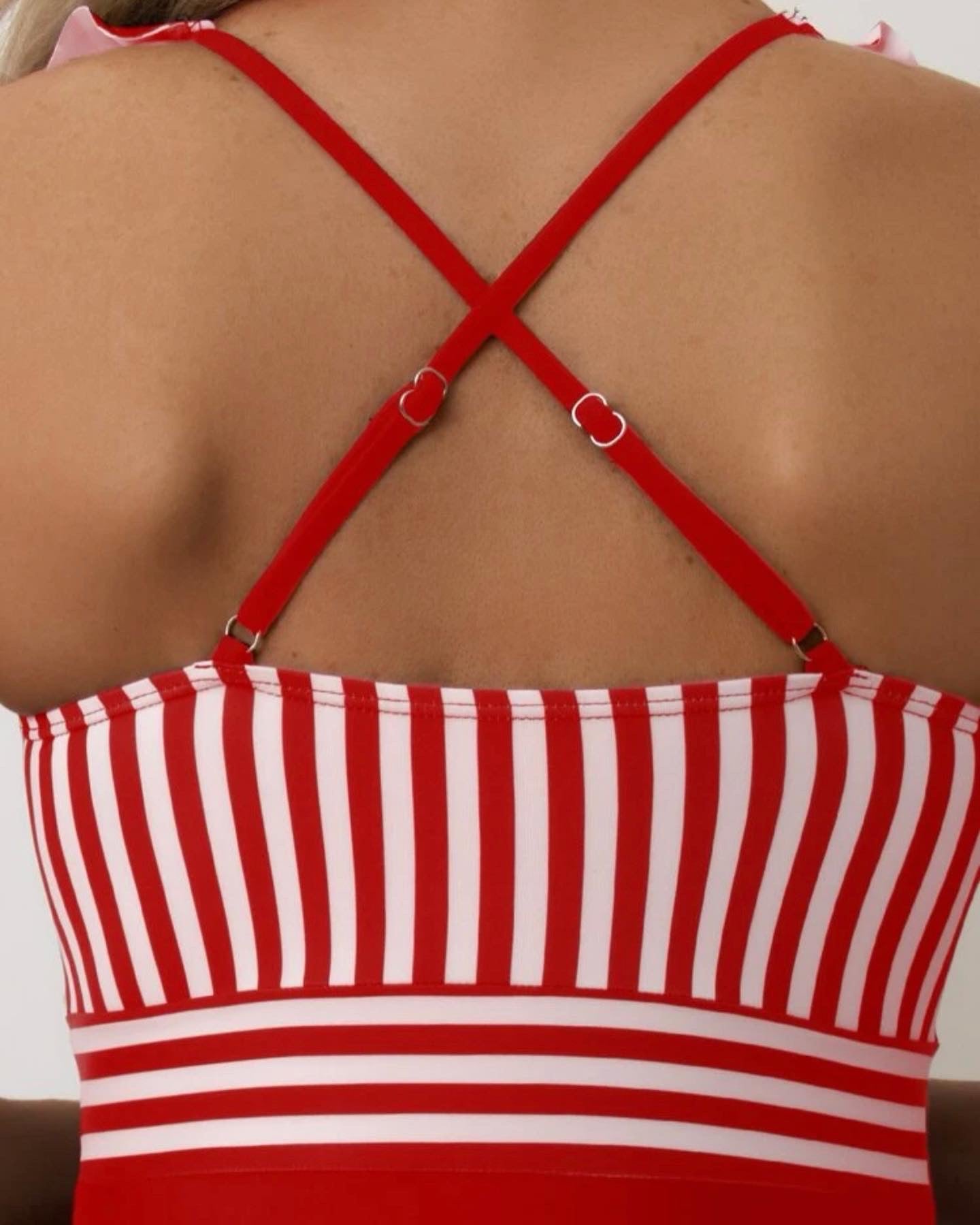 Red & white striped ruffle trim crisscross back one piece swimsuit