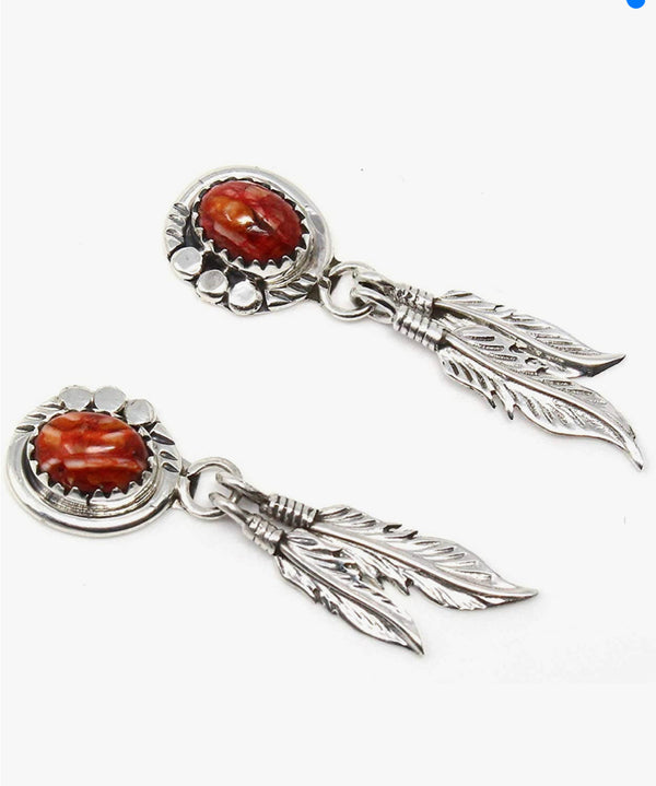 Navajo 925 sterling silver red spiny oyster feather drop earrings