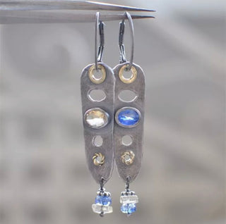 Vintage Super Long Hollow Metal Inlaid Bluestone Crystal Earrings
