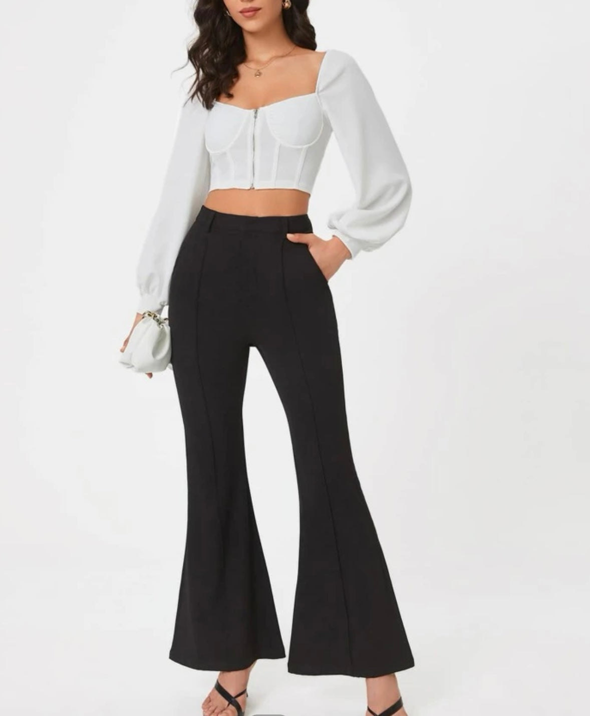 Tall solid zipper fly sweetheart neck crop top