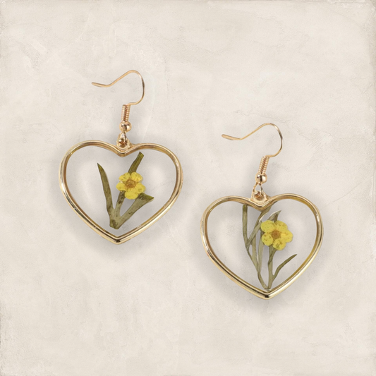 Yellow flower & heart drop earrings